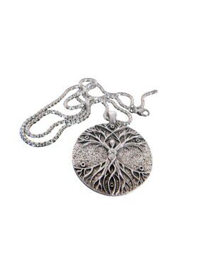 Tree Of Life Pendant Necklace 23.5" Chain Intricate Design Silver Tone Jewelry